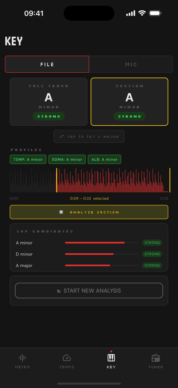 Music Toys key detection showing A minor