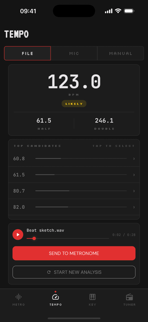 Music Toys tempo detection showing 123 BPM