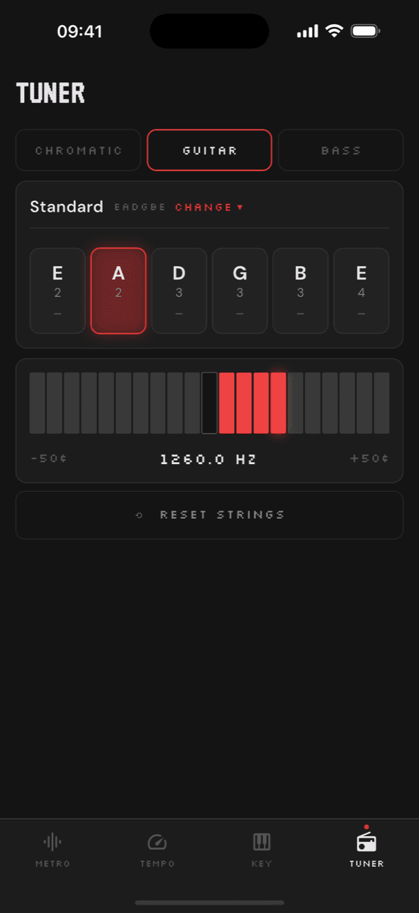 Tuner in guitar mode with standard EADGBE tuning and a 21-segment LED meter