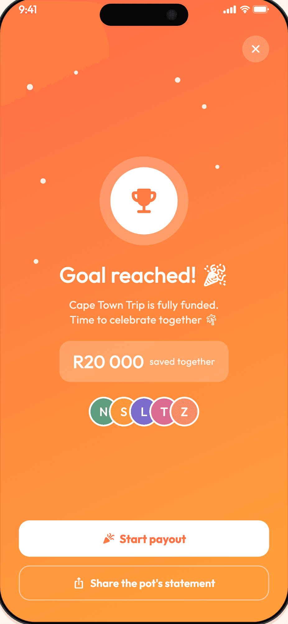 Snoko goal reached screen for a fully funded pot