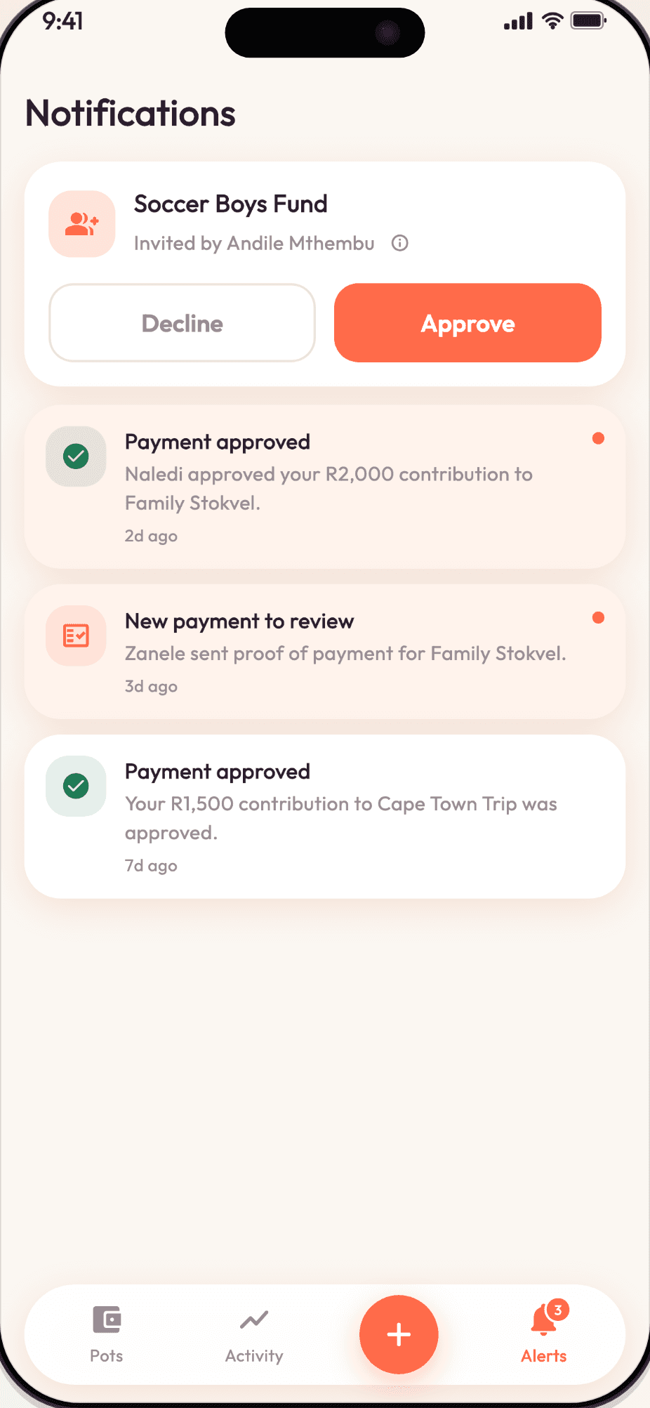 Snoko notifications with an invite to approve or decline
