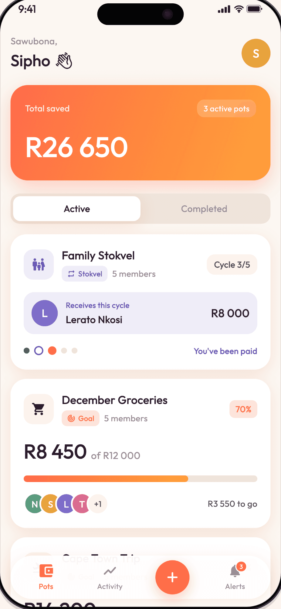 Snoko home showing total saved across active stokvels