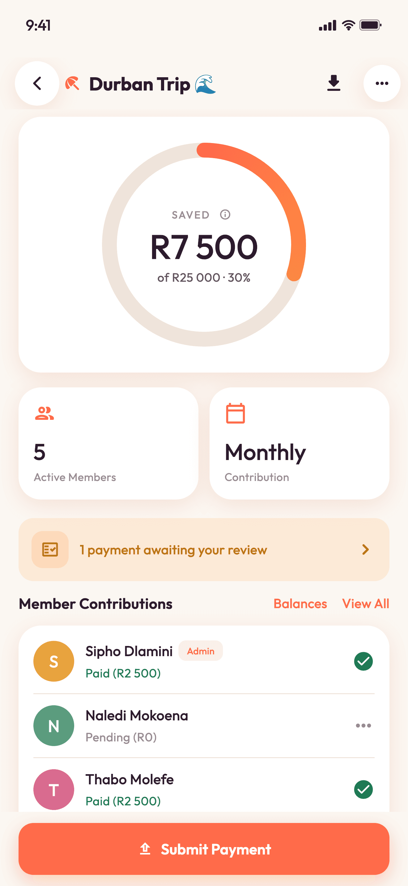 Durban Trip goal pot, 30% funded, with a banner showing one payment awaiting review